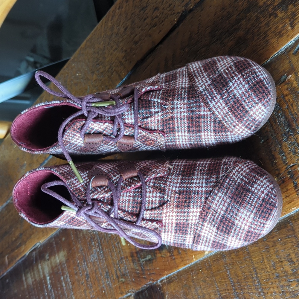 Toms Kala Wedge Heel Bootie Lace Up Vintage Burgundy Check Plaid Ankle Boots